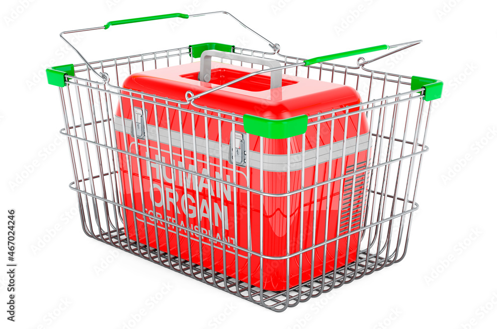 Poster shopping basket with portable fridge for transporting donor organs, 3d rendering