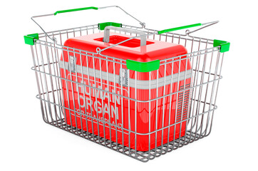 Shopping basket with portable fridge for transporting donor organs, 3D rendering