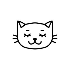 The head of a cat. Vector linear illustration with a cute cat with closed eyes on a white background. Cat icon