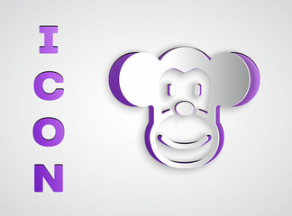 Paper cut Monkey icon isolated on grey background. Animal symbol. Paper art style. Vector