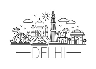 Delhi cartoon doodle illustration. Delhi cartoon drawing. Modern style Delhi city illustration. Hand sketched poster, banner, postcard, card template for travel company, T-shirt, shirt. Vector EPS 10