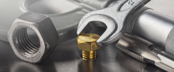 Obraz na płótnie Canvas Wrench tightens brass bolt in steel billet. Spanner, bolt, screw and nuts.