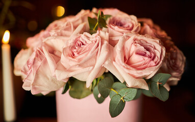 Bouquet of lush pink roses. Close up photo.
