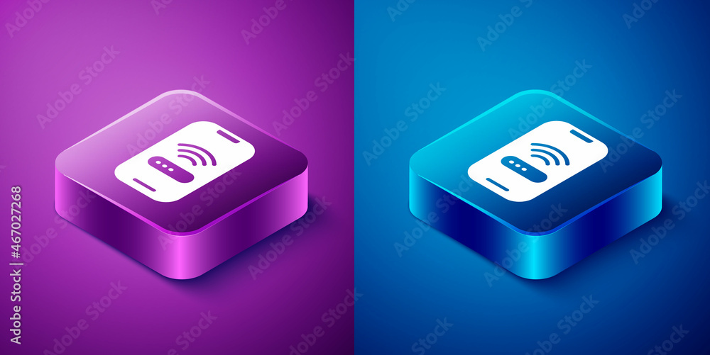 Poster isometric smartphone with free wi-fi wireless connection icon isolated on blue and purple background
