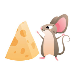 A cartoon brown mouse rejoices over a large piece of yellow cheese. Vector illustration of a character drawn with a gradient in the style of flat.