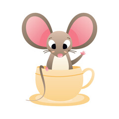A cartoon brown mouse sits in a yellow cup. Vector illustration of a character drawn with a gradient in the style of flat.