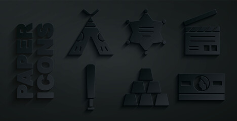 Set Gold bars, Movie clapper, Baseball bat, Stacks paper money cash, Hexagram sheriff and Indian teepee or wigwam icon. Vector © Kostiantyn