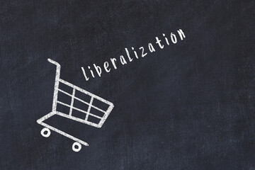 Chalk drawing of shopping cart and word liberalization on black chalboard. Concept of globalization...