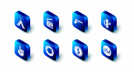 Set Movie clapper, Pistol or gun, Cactus, USA label, Coin money with dollar, Donut, Number 1 fan hand glove and Indian teepee wigwam icon. Vector © Kostiantyn