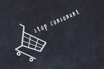 Chalk drawing of shopping cart and word stop consonant on black chalboard. Concept of globalization and mass consuming - obrazy, fototapety, plakaty