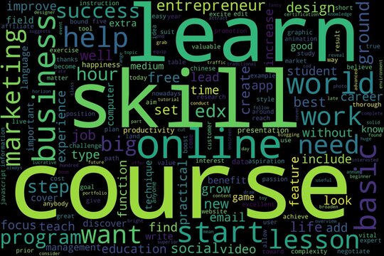 Word cloud of course concept on black background