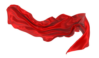 Beautiful flowing fabric flying in the wind. Red wavy silk or satin. Abstract element for design. 3D rendering image. Image isolated on a white background.