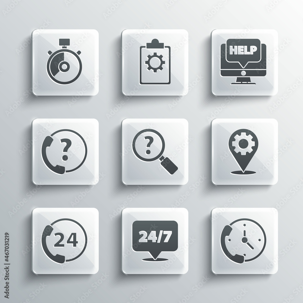 Poster set clock 24 hours, telephone support, location with gear, unknown search, stopwatch and computer mo