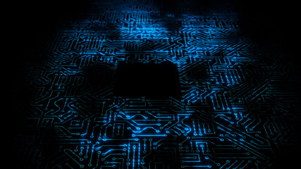 3D rendering of an electrical pulse passing through the circuits of a microcircuit