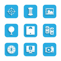Set Bathroom scales, Online play video, Photo camera, Gamepad, Casino chips, Golf ball on tee, Postal stamp and Target sport icon. Vector