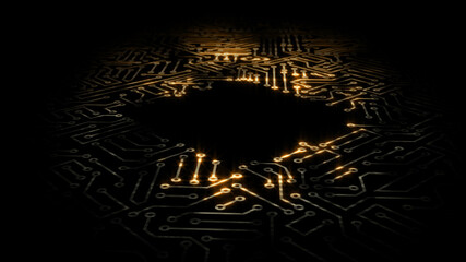 3D rendering of an electrical pulse passing through the circuits of a microcircuit