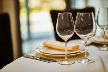Beautiful glass goblets. glasses for wine. Beverages.