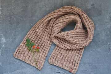 Handmade pretty knitted scarf isolated grey background