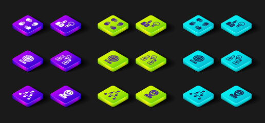 Set Hierarchy organogram chart, Worker location, Worldwide, People with lamp bulb, Human and Project team base icon. Vector