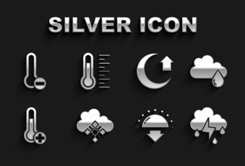 Set Cloud with snow, rain, and lightning, Sunset, Meteorology thermometer, Moon, and icon. Vector