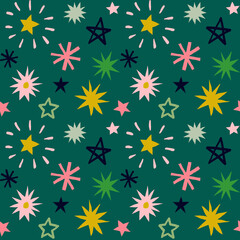 Seamless pattern of multicolor hand drawn stars. Colorful abstract background with fireworks.