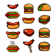 fast food color vector icons set