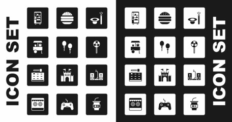 Set Magic hat and wand, Balloons, Fast street food cart, Vending machine, Lollipop, Burger, Home stereo with two speakers and Arcade game icon. Vector