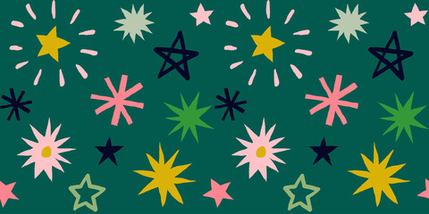 Seamless pattern of multicolor hand drawn stars. Colorful abstract background with fireworks.
