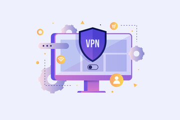 Monitor shows the VPN connection. Virtual Private Network. Security software for computers. Modern technologies for remote servers. Vector flat illustration on light background.