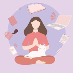 a woman is doing yoga, around her are the objects necessary for work. An attempt to relax and distract from remote work and study. A cat sleeps on the lap of a girl sitting in the lotus position