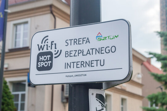 Sztum, Poland - July 26, 2021: Information about free WiFi in Sztum city. Sztum internet hotspot.