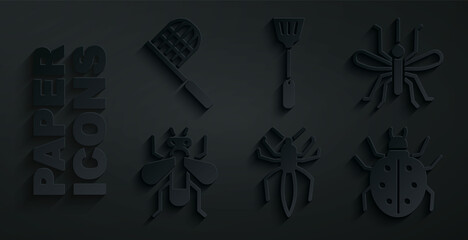Set Spider, Mosquito, Insect fly, Mite, Fly swatter and Butterfly net icon. Vector
