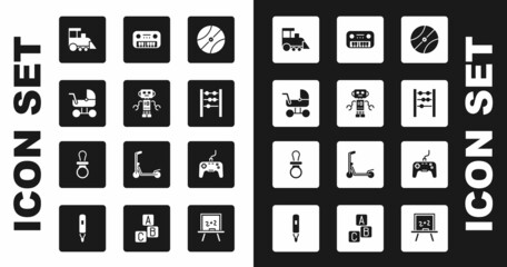 Set Basketball ball, Robot toy, Baby stroller, Toy train, Abacus, piano, Gamepad and dummy pacifier icon. Vector