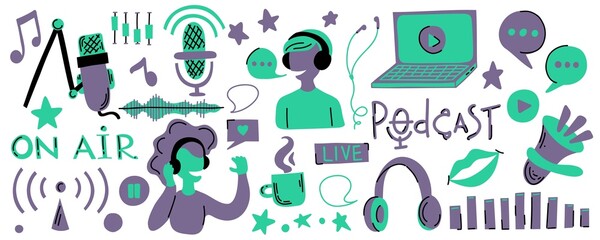 Podcast doodle set. Vector illustrations with recording and listening signs, broadcasting and online radio, audio streaming concept. Isolated hand drawn objects.