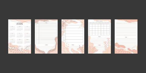 2024 calendar and daily weekly monthly planner collection with trendy hand drawn organic shapes and floral botanical elements in pastel neutral palette