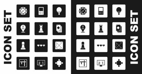 Set Racket, Chess, Twister game, Playing cards, Tetris, Rubik cube and icon. Vector