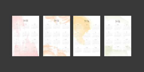 2022 2023 2024 2025 calendar and daily weekly monthly planner collection with abstract watercolor elements. Week starts on Sunday