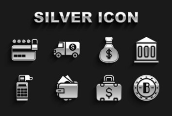 Set Wallet with money, Bank building, Bitcoin, Briefcase and, Cash register machine, Money bag, Credit card lock and Armored truck icon. Vector