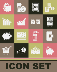 Set Piggy bank with coin, Mobile banking, ATM, Safe, Financial growth increase, decrease, Wallet money and Tearing banknote icon. Vector