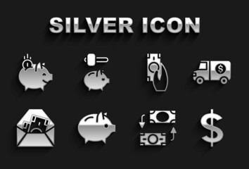 Set Piggy bank, Armored truck, Dollar symbol, Money exchange, Envelope with dollar, Fast payments, coin and and hammer icon. Vector