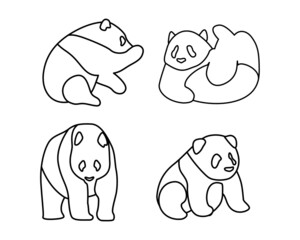 Set of Panda Bear with Black Outline in White Background. Isolated animal outline for coloring