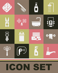 Set Water tap, Toilet paper roll, Gas boiler, Bottle of liquid soap, Clothes pin, Sponge and Bathtub icon. Vector