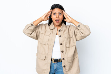 Young latin woman woman isolated on white background with surprise expression