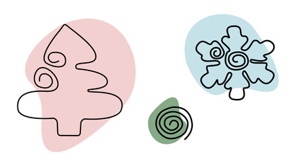 New Year and Christmas vector set of simple illustrations in Line Art style with colored spots Christmas tree and snowflake isolated on white background