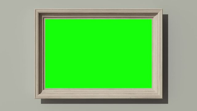 Wooden horizontal frame on painted wall. Seamless footage. Looping. Chromakey. 3D render square wooden frame mock up. Empty interior. Blank. 3D illustration. 3D design interior. Looped template.