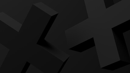 Two black crosses, black background. Abstract monochrome illustration, 3d render.