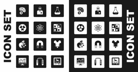 Set Test tube and flask, Atom, Biohazard symbol, Virus, Periodic table, Laboratory assistant, Experimental mouse and Biological structure icon. Vector