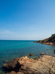 landscape view summer blue sea calm wave. wind blows cool And still see rock distance still island...