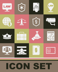 Set Safe, Evidence bag and bullet, Security camera, Oath on the Holy Bible, Scales of justice, International law, Location and Justice in shield icon. Vector