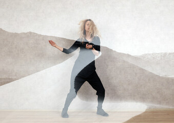 Double exposure woman portrait. Dancing meditation concept.